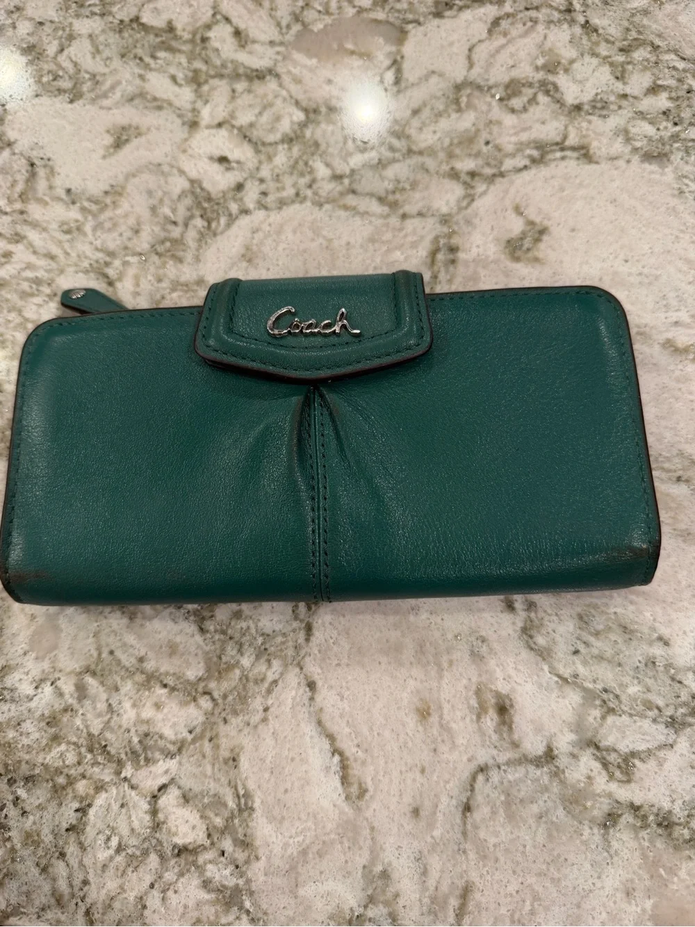 Coach Teal Green Leather Zip-Around Wallet with Snap Tab